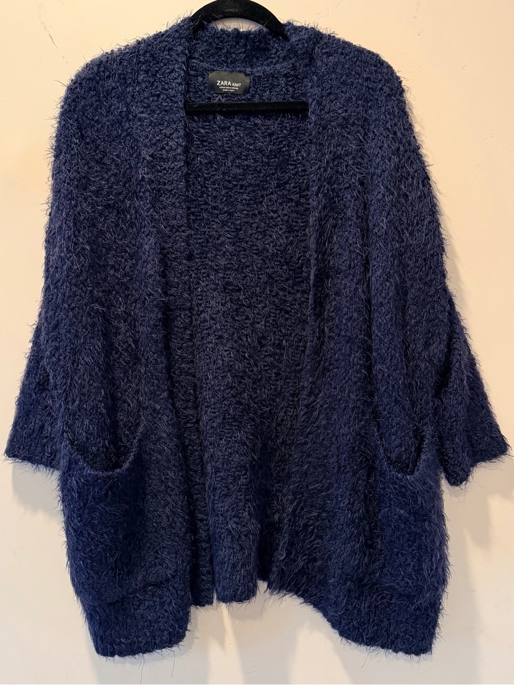 Zara navy fuzzy open-front cardigan with pockets